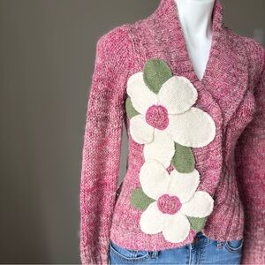 Field Flower Pink Knit Cardigan Sweater Cream Floral Appliqués Womens Small Y2K